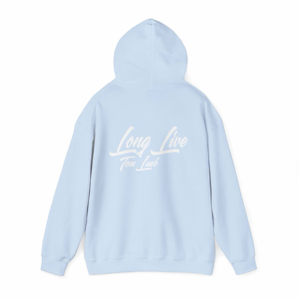 Main St Drive Long Live hoodie — light blue pullover with script logo